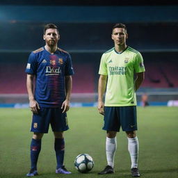 A futuristic hybrid of football players Messi and Ronaldo, standing confidently on a neon-lit soccer field in the evening.