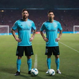 A futuristic hybrid of football players Messi and Ronaldo, standing confidently on a neon-lit soccer field in the evening.