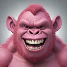 Create a 2D cartoon-style drawing of a pink gorilla with a huge, creepy ear-to-ear Joker-like smile and large, sharp teeth.