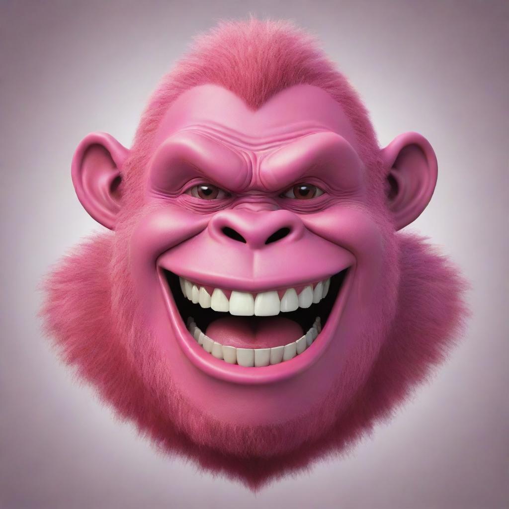 Create a 2D cartoon-style drawing of a pink gorilla with a huge, creepy ear-to-ear Joker-like smile and large, sharp teeth.