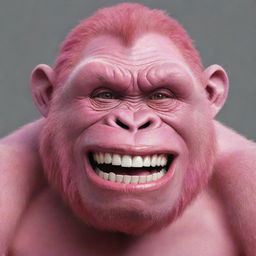 Generate a 2D drawing of a pink gorilla featuring an oversized, unsettling ear-to-ear smile mystifyingly similar to the Joker's grin, emphasized by menacingly large, sharp teeth.