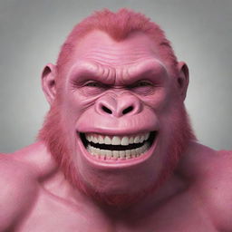 Generate a 2D drawing of a pink gorilla featuring an oversized, unsettling ear-to-ear smile mystifyingly similar to the Joker's grin, emphasized by menacingly large, sharp teeth.