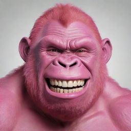 Generate a 2D drawing of a pink gorilla featuring an oversized, unsettling ear-to-ear smile mystifyingly similar to the Joker's grin, emphasized by menacingly large, sharp teeth.