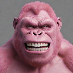 Generate a 2D drawing of a pink gorilla featuring an oversized, unsettling ear-to-ear smile mystifyingly similar to the Joker's grin, emphasized by menacingly large, sharp teeth.