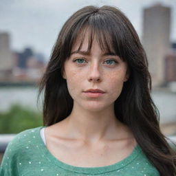 photo shot by sony alpha ii and sony fe 200,casual photograpy medium body, female, 23 year old with green eyes and black long hai with withe streaks in the bangs.,freckles, new york city background hd, casual clothes, relax time, medium distance shot, 4k hd, --style raw--v 5.2 ar 2-3