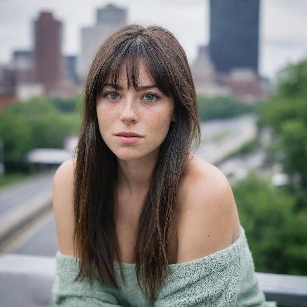 photo shot by sony alpha ii and sony fe 200,casual photograpy medium body, female, 23 year old with green eyes and black long hai with withe streaks in the bangs.,freckles, new york city background hd, casual clothes, relax time, medium distance shot, 4k hd, --style raw--v 5.2 ar 2-3