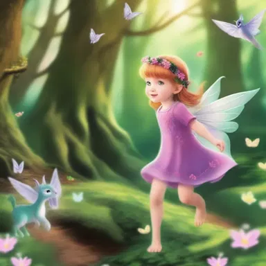 In the magical world of fairies and dragons, the little girl ran giddily through the enchanted forest.