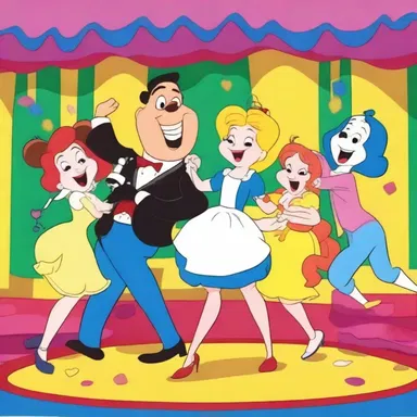 The animated characters danced and sang giddily in the colorful and lively cartoon.