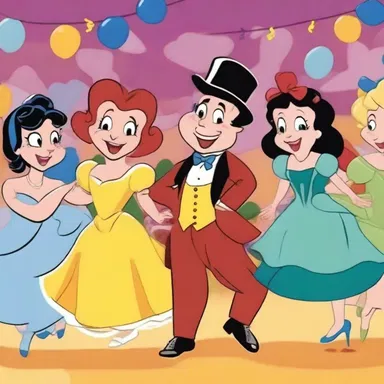 The animated characters danced and sang giddily in the colorful and lively cartoon.