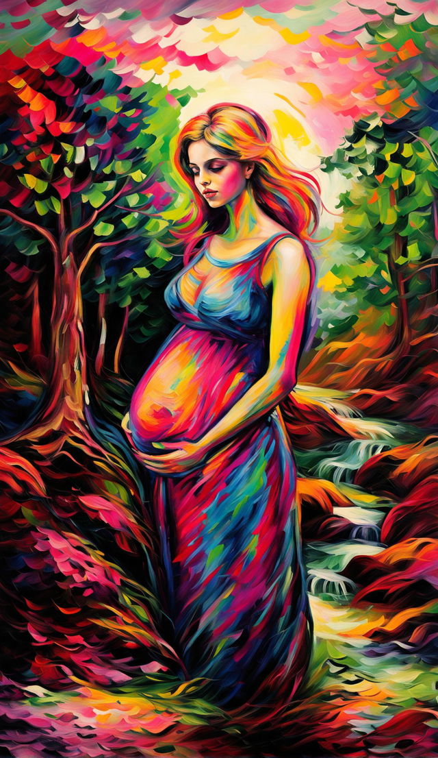 A Fauvist-style painting of a pregnant woman in a vibrant naturescape, with blurred brushstrokes. Her body is depicted in bold colors, her belly a radiant yellow. The landscape around her is a riot of colors, with the sky a swirl of pinks and purples, trees in various shades of green, and the ground a patchwork of earthy tones and bright reds and oranges.