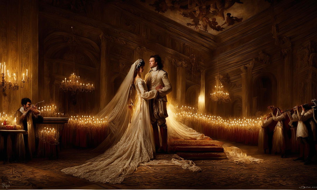 Baroque-style fine art painting featuring a bride and groom in an opulent hall. The groom is dressed in an embroidered doublet while the bride wears an ivory silk gown with intricate lacework. The hall is adorned with gilded moldings, frescoes, tapestries and a grand chandelier.