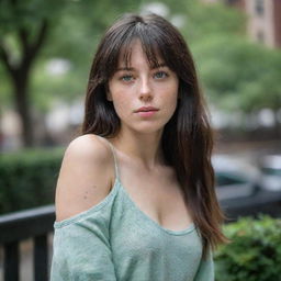 photo shot by sony alpha ii and sony fe 200,casual photograpy medium body, female, 23 year old with green eyes and black long hai with withe streaks in the bangs.,freckles, new york city  hd, casual clothes, relax time, medium distance shot, 4k hd, --style raw--v 5.2 ar 2-3