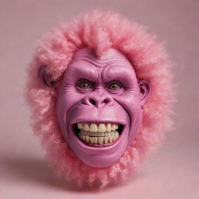 Craft an image of a pink gorilla with a perm, boasting a broad, creepy ear-to-ear Joker-like smile, along with large, dirty, and rotten teeth.