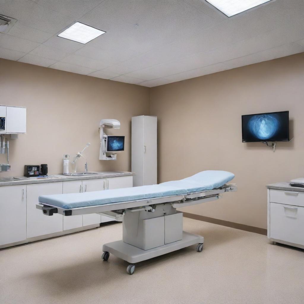 A detailed and high-resolution radiology lab with advanced equipment and tools, ambient lighting in a sterile environment.