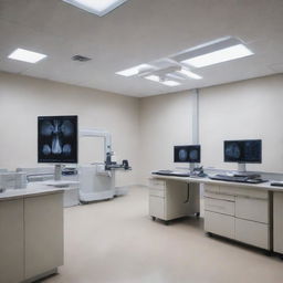 A detailed and high-resolution radiology lab with advanced equipment and tools, ambient lighting in a sterile environment.