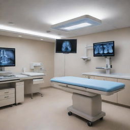 A detailed and high-resolution radiology lab with advanced equipment and tools, ambient lighting in a sterile environment.