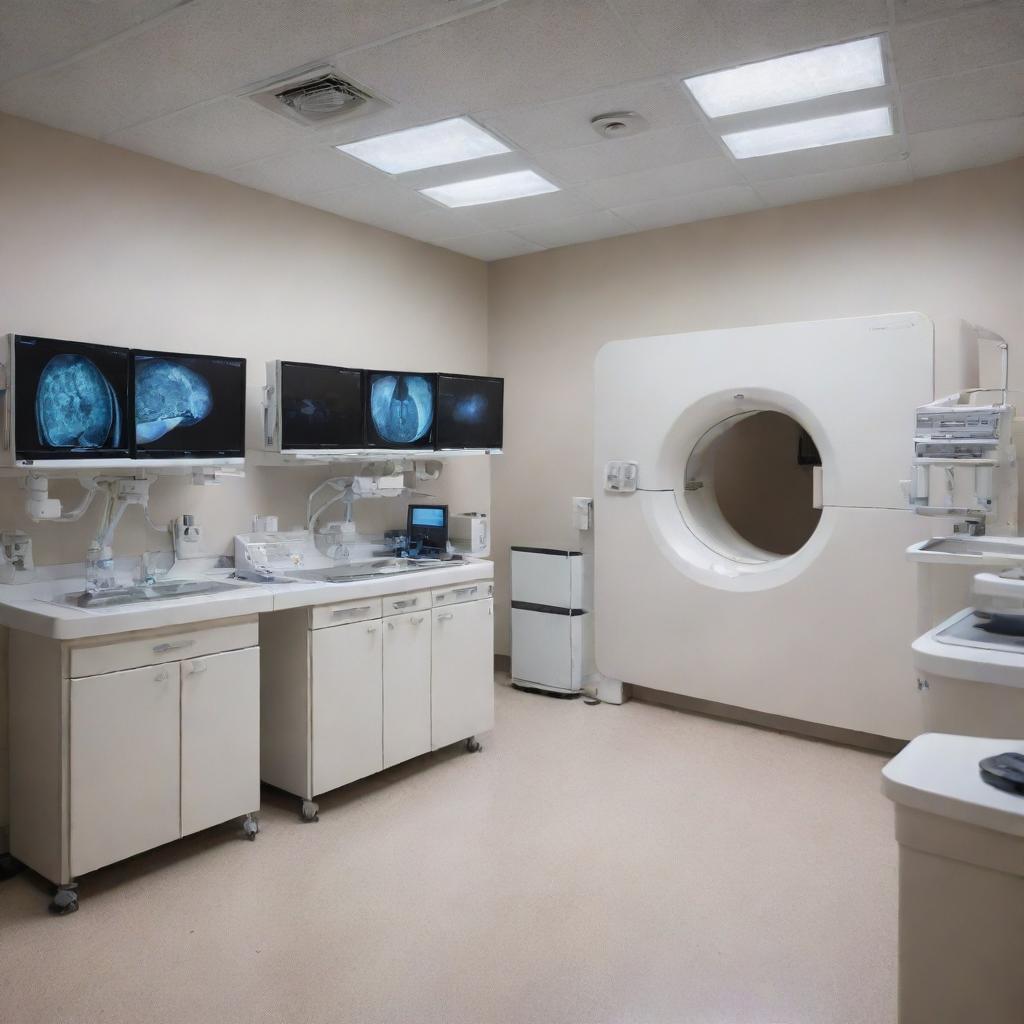 A detailed and high-resolution radiology lab with advanced equipment and tools, ambient lighting in a sterile environment.