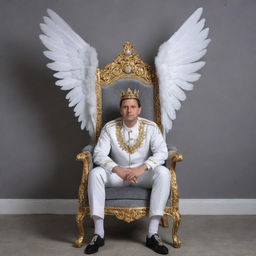 Realistic image of a man sitting on a regal king's chair, adorned with white wings. Set against a gray wall inscribed with the word 'Infaz' in stylish, curvilinear form.