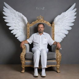 Realistic image of a man sitting on a regal king's chair, adorned with white wings. Set against a gray wall inscribed with the word 'Infaz' in stylish, curvilinear form.