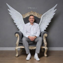 Realistic image of a man sitting on a regal king's chair, adorned with white wings. Set against a gray wall inscribed with the word 'Infaz' in stylish, curvilinear form.