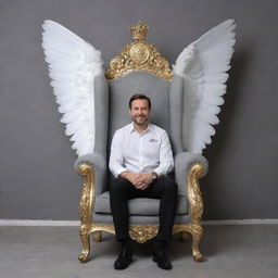 Realistic image of a man sitting on a regal king's chair, adorned with white wings. Set against a gray wall inscribed with the word 'Infaz' in stylish, curvilinear form.