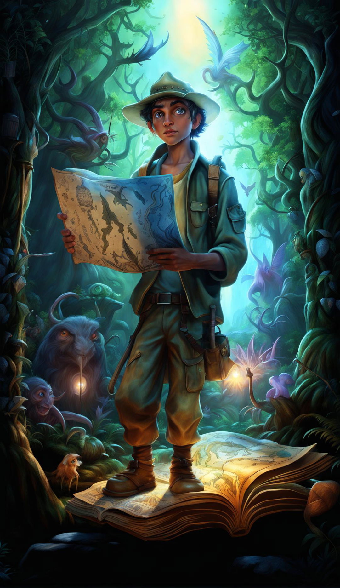 A realistic 3D image of an explorer named Hanzel discovering a mystical world filled with unknown creatures, guided by an ancient map.