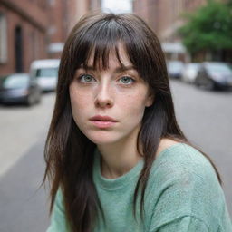 photo shot by sony alpha ii and sony fe 200,casual photograpy medium body, female, 23 year old with green eyes and black long hai with withe streaks in the bangs.,freckles, new york city  hd, casual clothes, relax time, medium distance shot, 4k hd, --style raw--v 5.2 ar 2-3