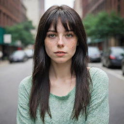 photo shot by sony alpha ii and sony fe 200,casual photograpy medium body, female, 23 year old with green eyes and black long hai with withe streaks in the bangs.,freckles, new york city  hd, casual clothes, relax time, medium distance shot, 4k hd, --style raw--v 5.2 ar 2-3