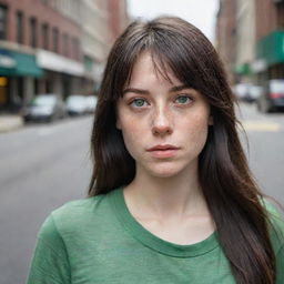 photo shot by sony alpha ii and sony fe 200,casual photograpy medium body, female, 23 year old with green eyes and black long hai with withe streaks in the bangs.,freckles, new york city  hd, casual clothes, relax time, medium distance shot, 4k hd, --style raw--v 5.2 ar 2-3