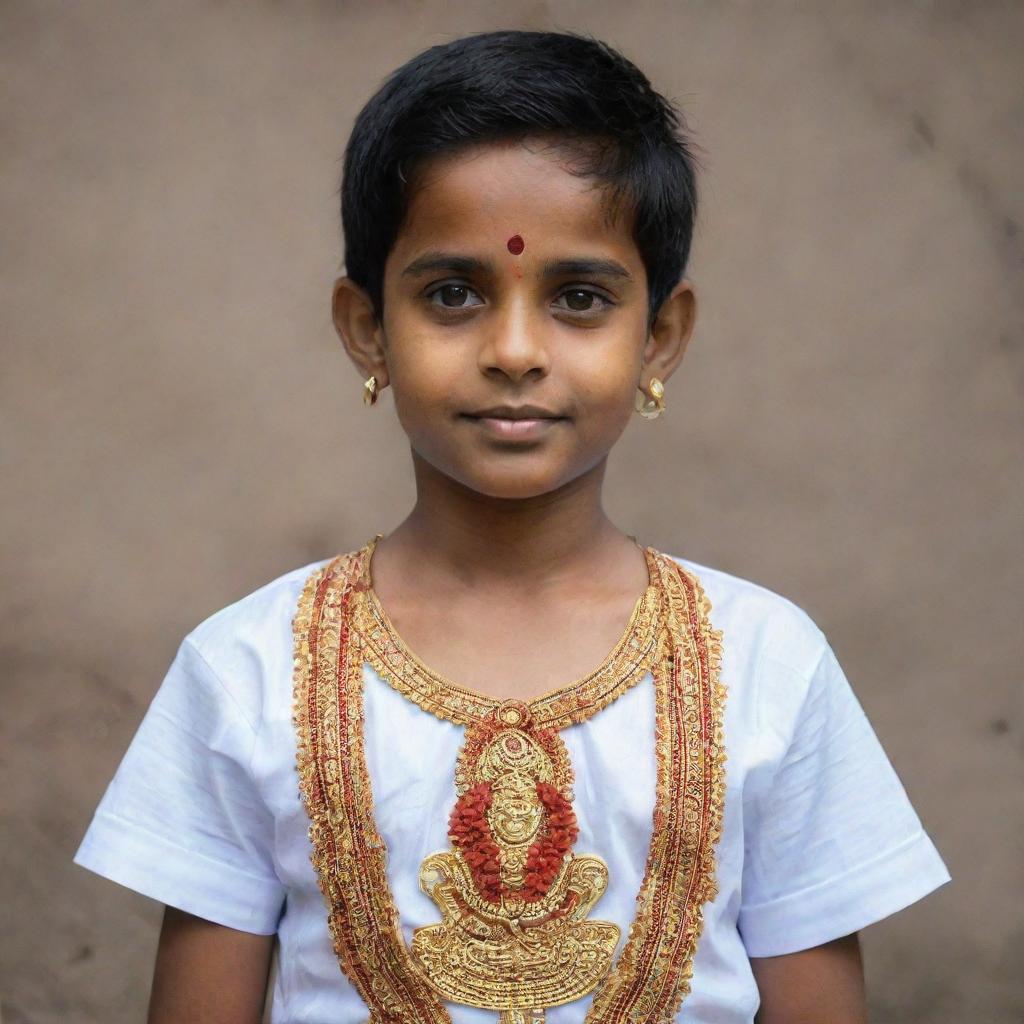 A divine image of God Rama, rendered in traditional Indian styles, bestowing blessings on a young boy named Swapnil, distinguishable by his shirt with the name 'Swapnil' prominently written on it.