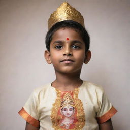 A divine image of God Rama, rendered in traditional Indian styles, bestowing blessings on a young boy named Swapnil, distinguishable by his shirt with the name 'Swapnil' prominently written on it.