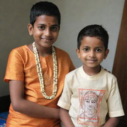 A divine image of God Rama, rendered in traditional Indian styles, bestowing blessings on a young boy named Swapnil, distinguishable by his shirt with the name 'Swapnil' prominently written on it.