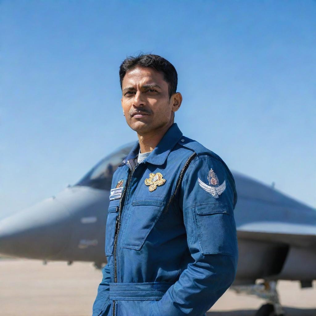 A detailed portrait of an Indian Air Force fighter pilot in uniform, standing proudly in front of a fighter jet under a bright blue sky