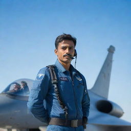 A detailed portrait of an Indian Air Force fighter pilot in uniform, standing proudly in front of a fighter jet under a bright blue sky