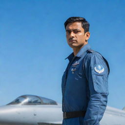 A detailed portrait of an Indian Air Force fighter pilot in uniform, standing proudly in front of a fighter jet under a bright blue sky