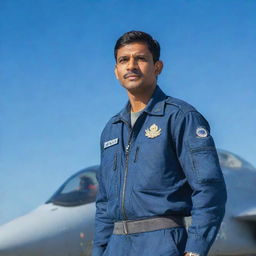 A detailed portrait of an Indian Air Force fighter pilot in uniform, standing proudly in front of a fighter jet under a bright blue sky