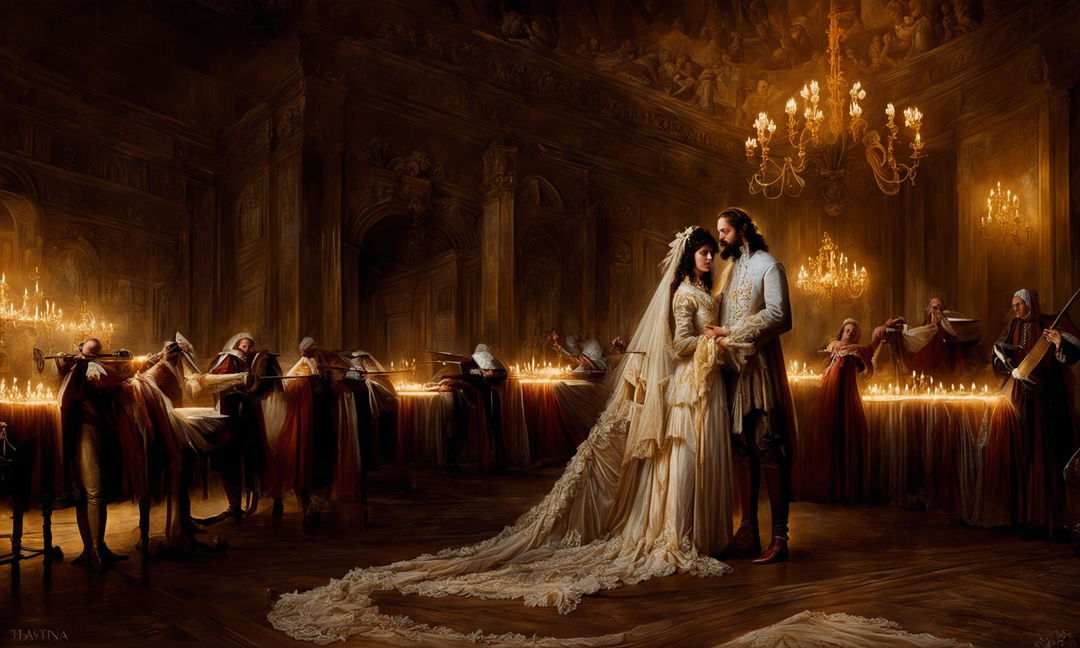 Baroque-style fine art painting featuring a bride and groom in an opulent hall. The groom is dressed in an embroidered doublet while the bride wears an ivory silk gown with intricate lacework. The hall is adorned with gilded moldings, frescoes, tapestries and a grand chandelier.