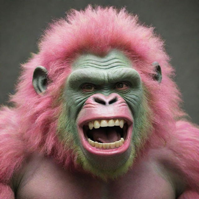 Depict a pink gorilla sporting a 9-inch perm, and an unnerving, wide Joker-like smile. Show large, dirty, rotten teeth poking out from a long, green tongue.