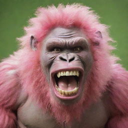 Depict a pink gorilla sporting a 9-inch perm, and an unnerving, wide Joker-like smile. Show large, dirty, rotten teeth poking out from a long, green tongue.