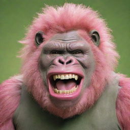 Depict a pink gorilla sporting a 9-inch perm, and an unnerving, wide Joker-like smile. Show large, dirty, rotten teeth poking out from a long, green tongue.