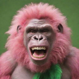 Depict a pink gorilla sporting a 9-inch perm, and an unnerving, wide Joker-like smile. Show large, dirty, rotten teeth poking out from a long, green tongue.