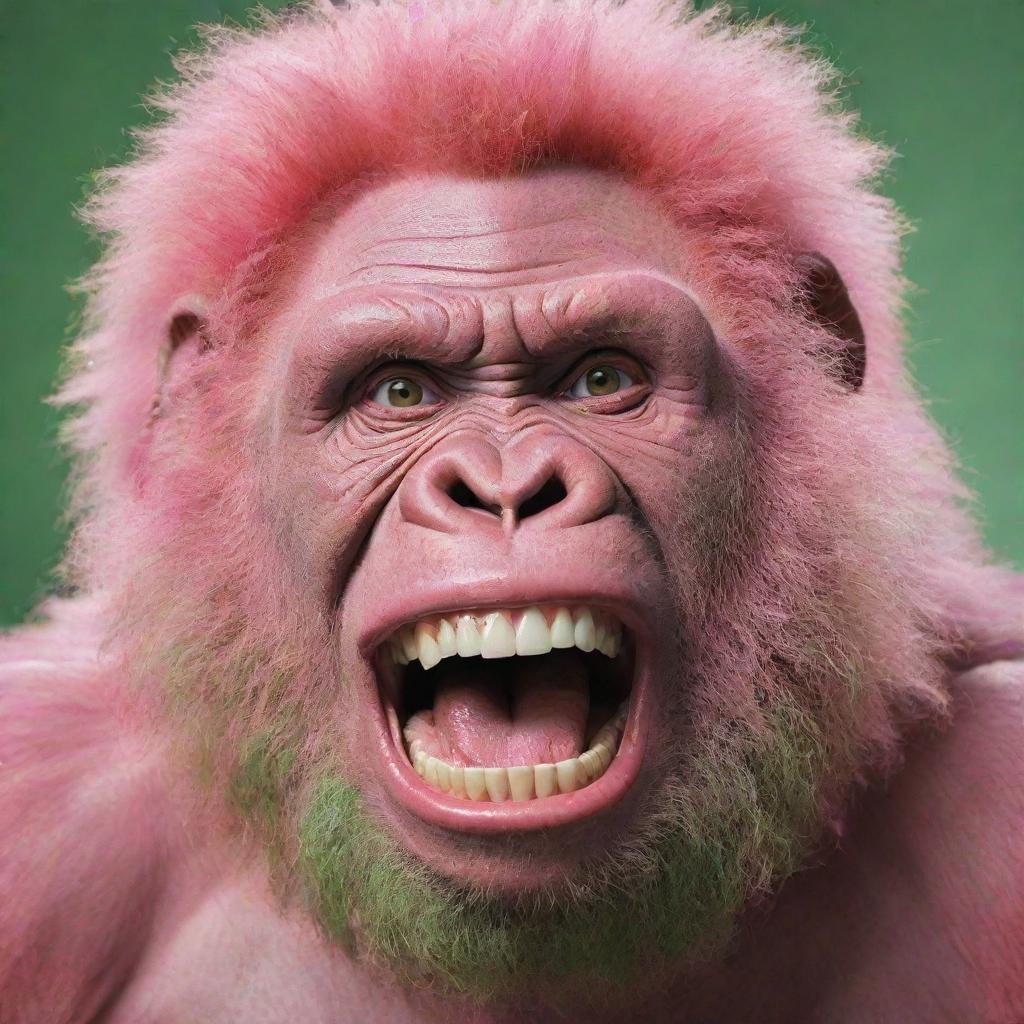 Produce an image of a pink gorilla wearing a 9-inch, human-like, curly, shiny perm. Exemplify a wide, disconcerting Joker-like smile with large, dirty, rotten teeth protruding from a lengthy green tongue.