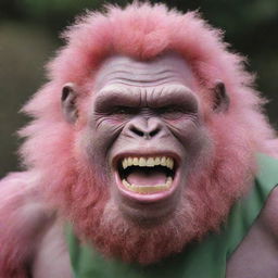 Produce an image of a pink gorilla wearing a 9-inch, human-like, curly, shiny perm. Exemplify a wide, disconcerting Joker-like smile with large, dirty, rotten teeth protruding from a lengthy green tongue.