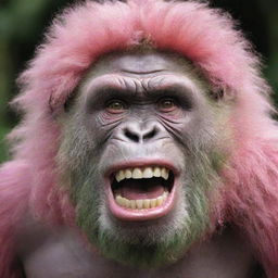 Produce an image of a pink gorilla wearing a 9-inch, human-like, curly, shiny perm. Exemplify a wide, disconcerting Joker-like smile with large, dirty, rotten teeth protruding from a lengthy green tongue.