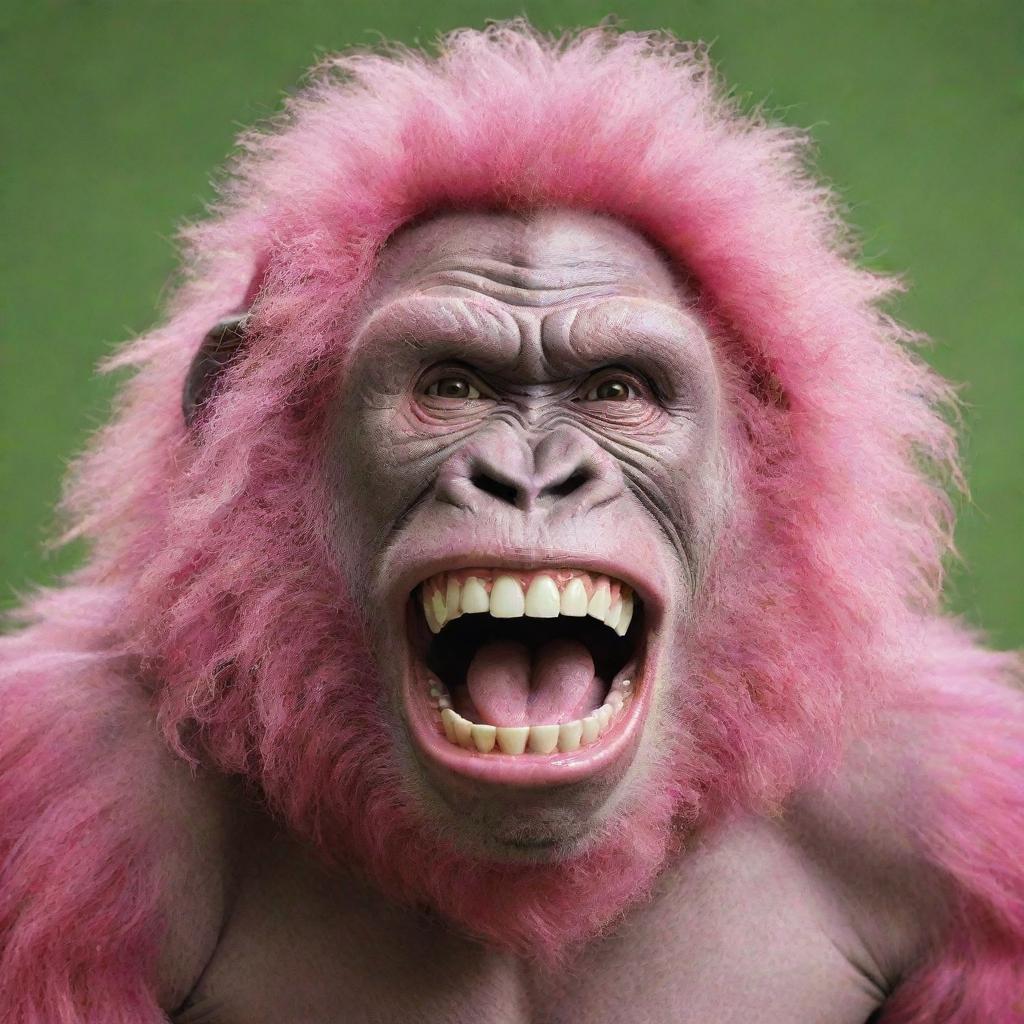 Produce an image of a pink gorilla wearing a 9-inch, human-like, curly, shiny perm. Exemplify a wide, disconcerting Joker-like smile with large, dirty, rotten teeth protruding from a lengthy green tongue.