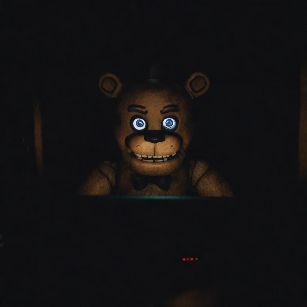 A gamer sitting in a dimly lit room intensely playing Five Nights at Freddy’s (FNAF), with the game's eerie glow illuminating their face.