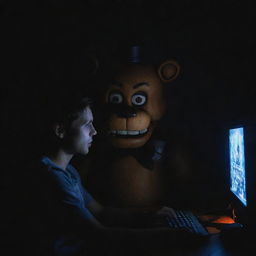 A gamer sitting in a dimly lit room intensely playing Five Nights at Freddy’s (FNAF), with the game's eerie glow illuminating their face.