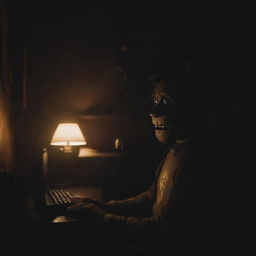 A gamer sitting in a dimly lit room intensely playing Five Nights at Freddy’s (FNAF), with the game's eerie glow illuminating their face.