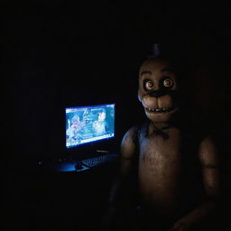 A gamer sitting in a dimly lit room intensely playing Five Nights at Freddy’s (FNAF), with the game's eerie glow illuminating their face.