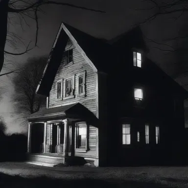 The horror movie featured a haunted house with octangular windows that emitted an eerie glow in the night.